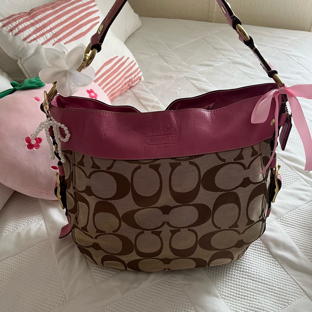 Coach Pink and Brown Shoulder Bag with Signature Design